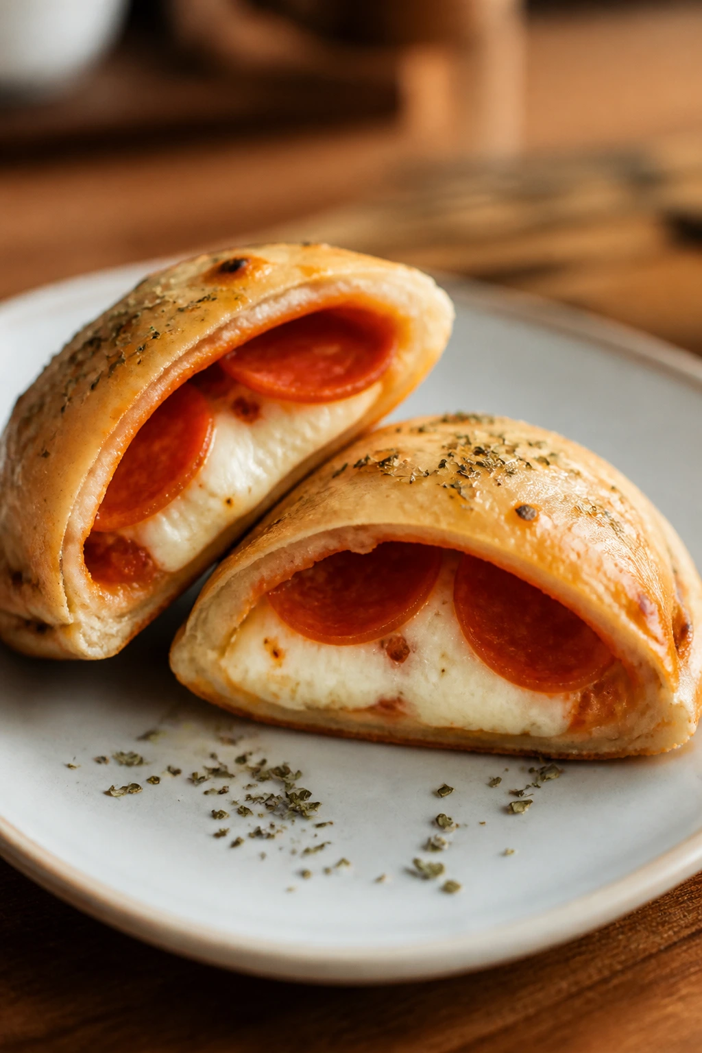 Close-up of mini pepperoni calzones showing mozzarella filling