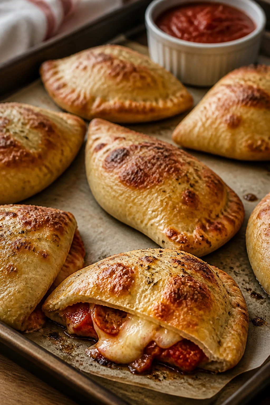 Close-up of golden mini calzones on a baking sheet with dipping sauce