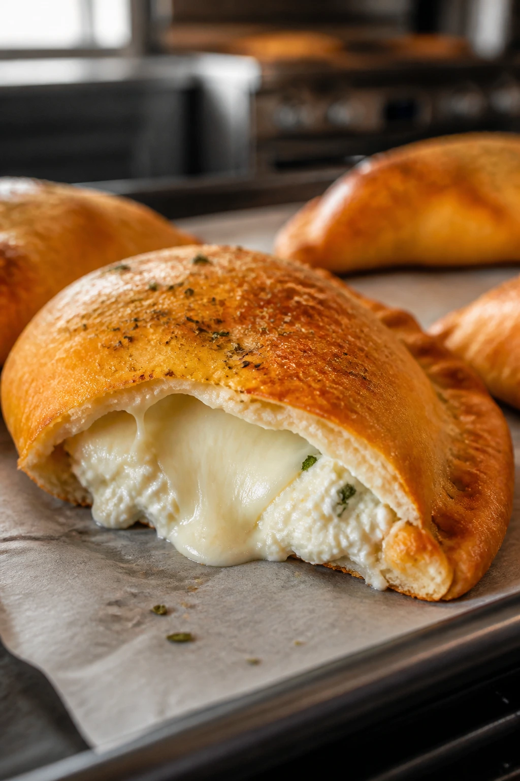 Close-up of a golden mini calzone with ricotta and mozzarella filling on parchment in a warm kitchen