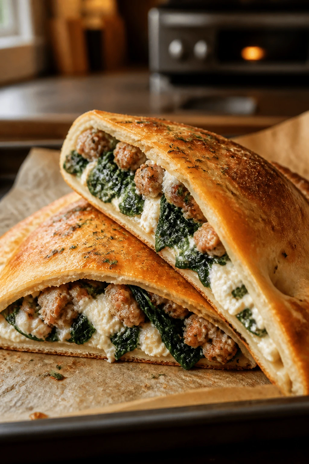 Split calzone showing sausage and spinach filling