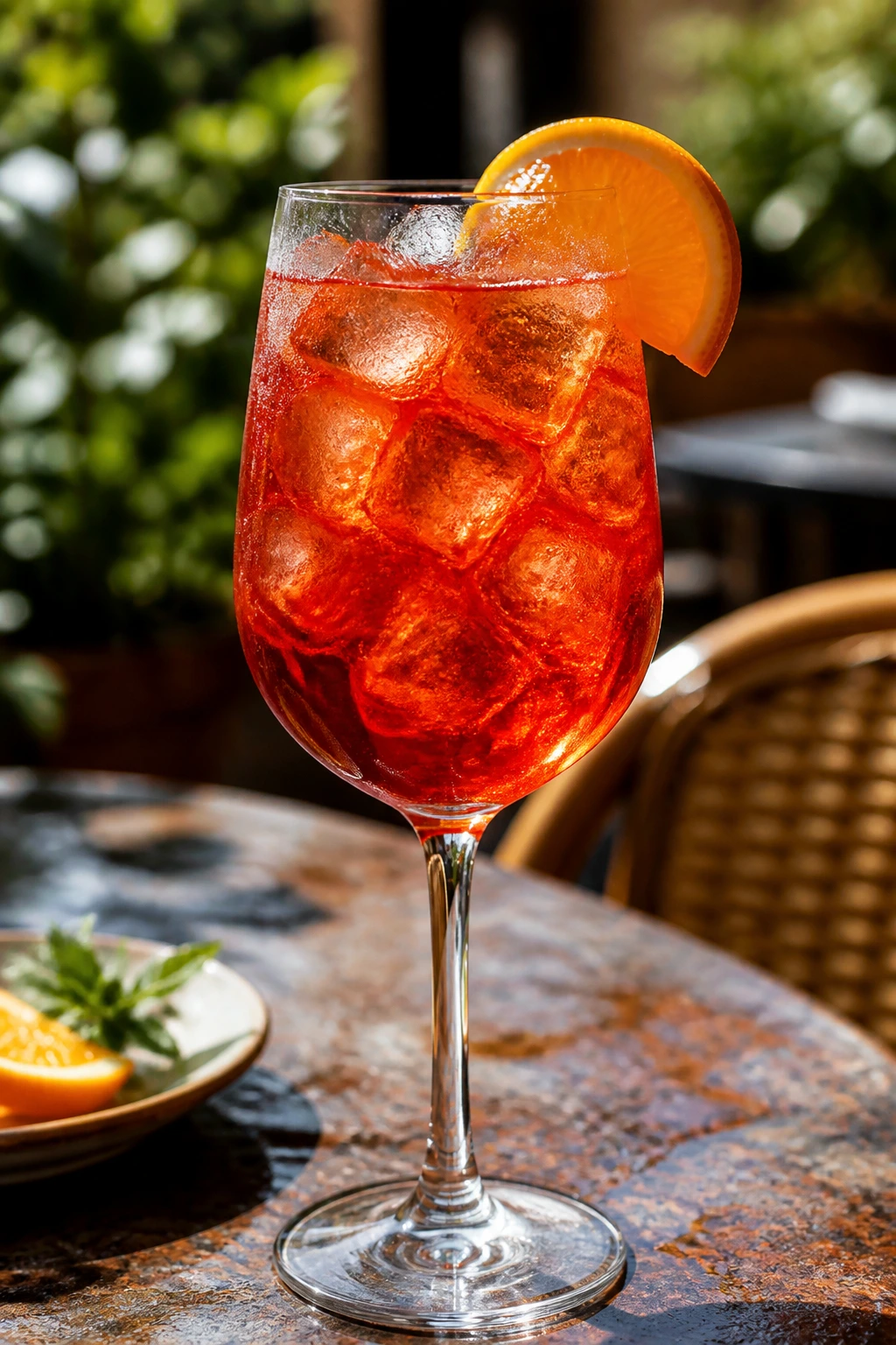 Tall glass of Campari Orange Spritz with orange slice outdoors