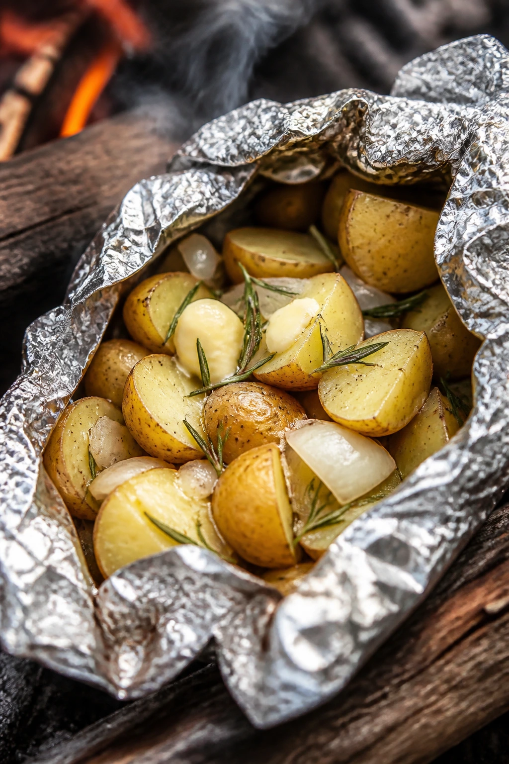 Foil packet opened to reveal potatoes and rosemary outdoors