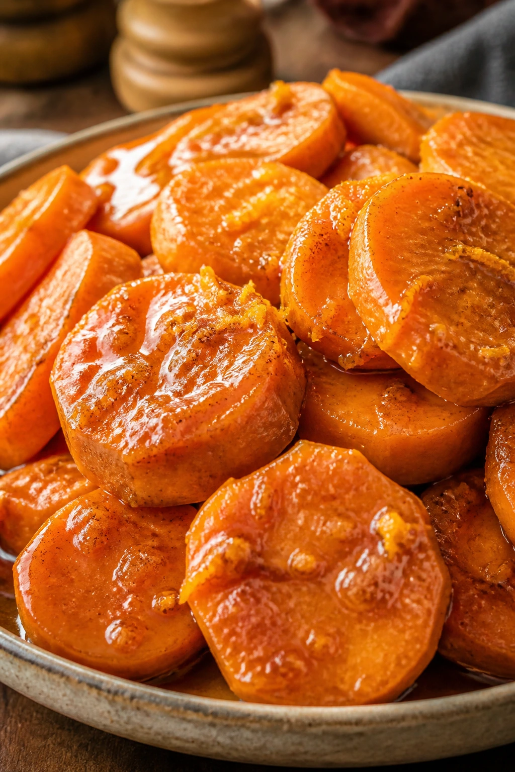 Glossy candied sweet potatoes on a rustic plate