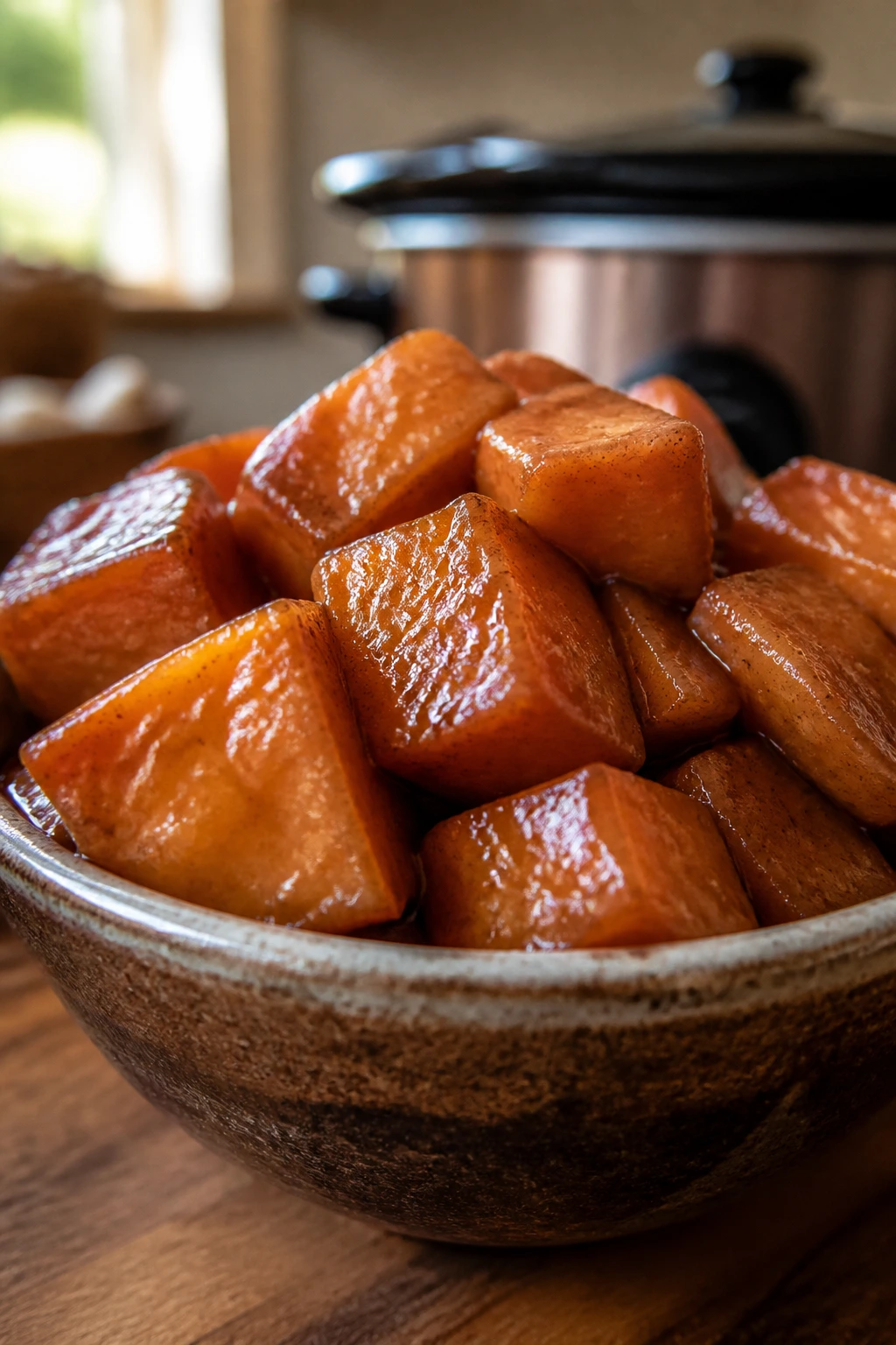 Close-up of glossy candied yams in a rustic bowl with caramel glaze in a warm kitchen