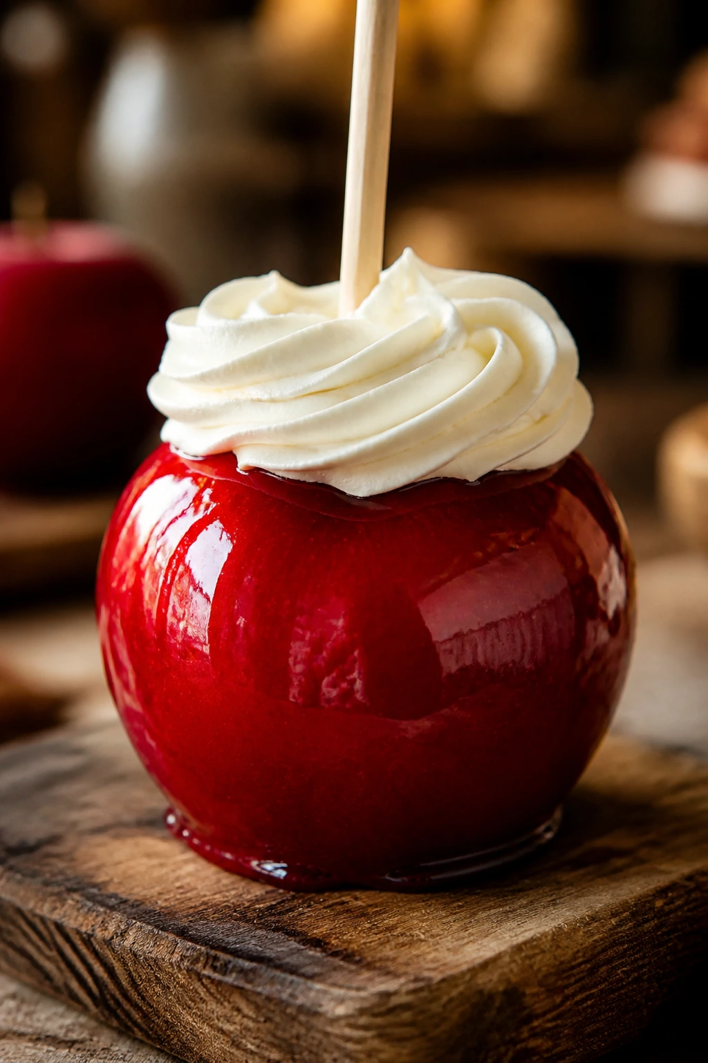 Candy apple with cream cheese frosting crown on a baking board