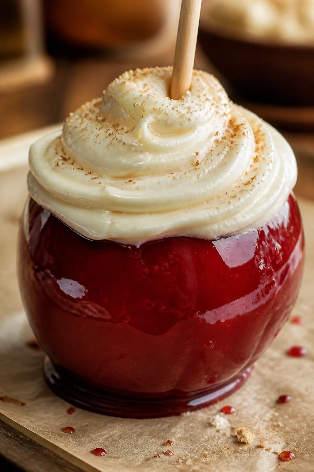 Glossy candy-coated apple with a generous cream cheese frosting crown on a baking sheet