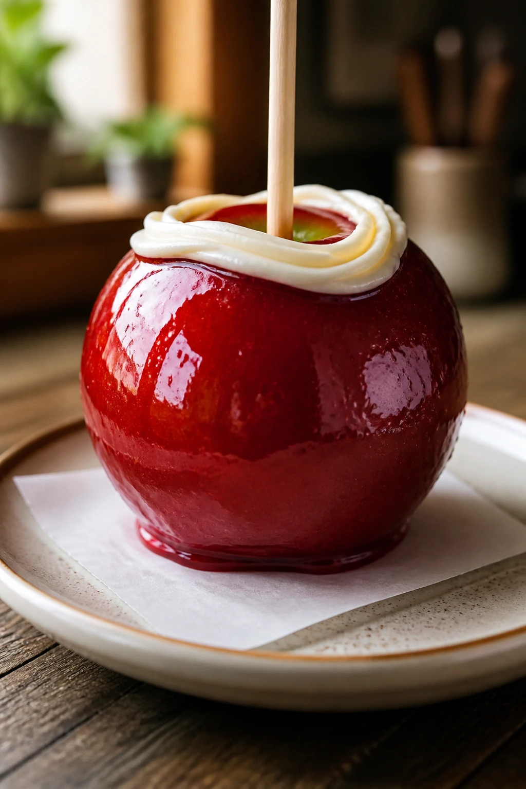 Close-up of glossy red candy apple with white piping ring near stem on parchment