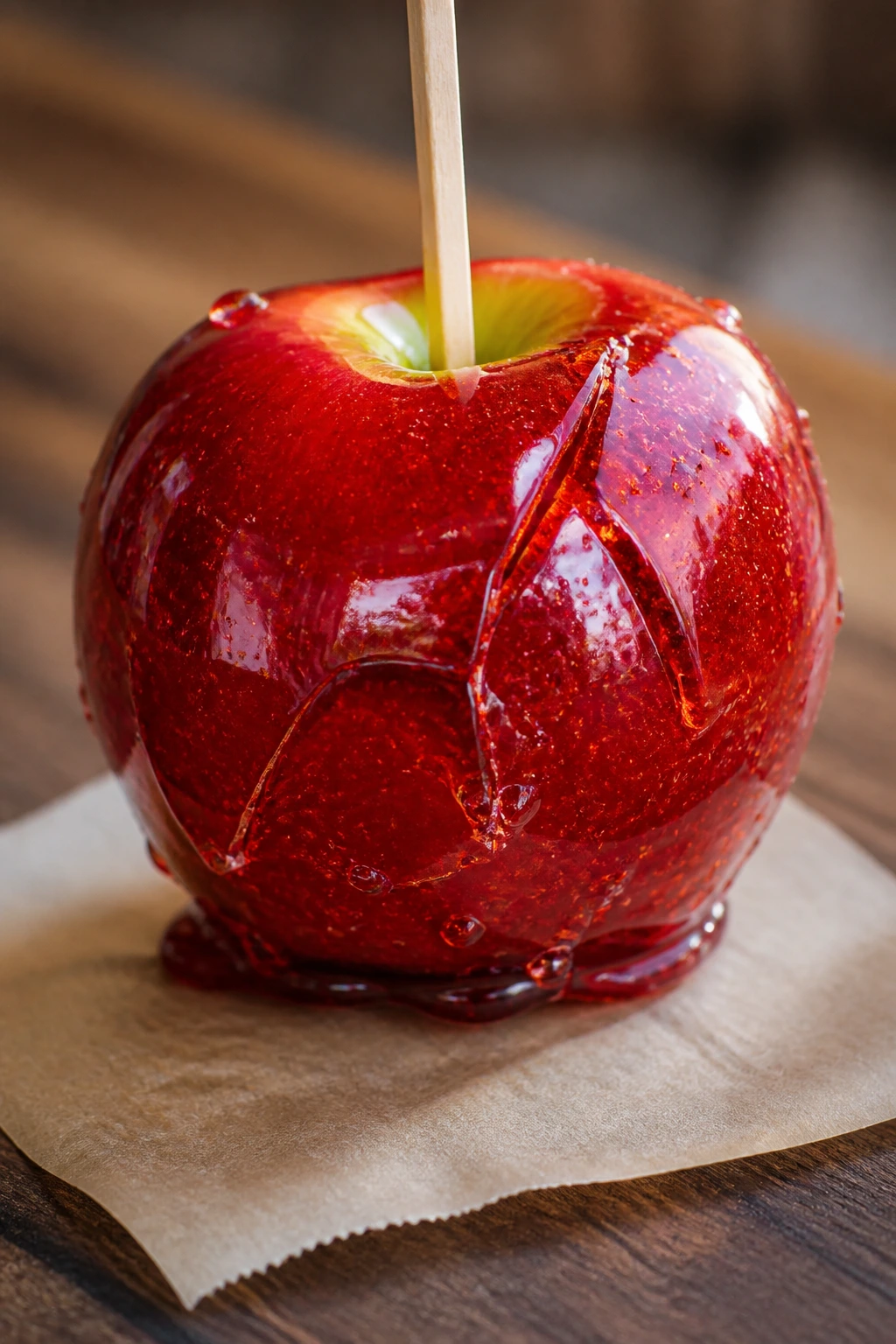 Candy apple on parchment resting on a cool dry counter