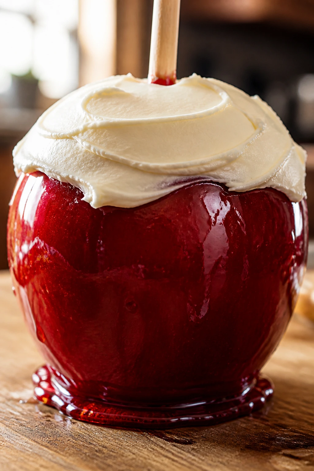 Close-up of Rich Candy Apples with Cream Cheese Frosting on a warm kitchen counter