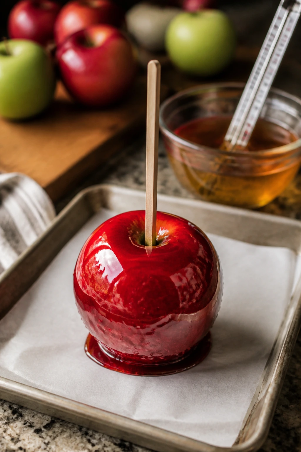 Candy apple on a stick ready for dipping with syrup and thermometer nearby