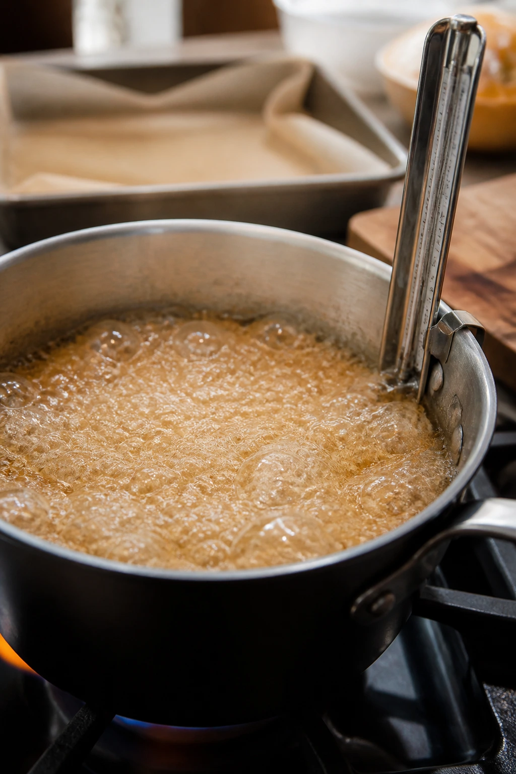 Close-up of bubbling candy base reaching soft-ball stage in a pan with a clipped thermometer (no digits).