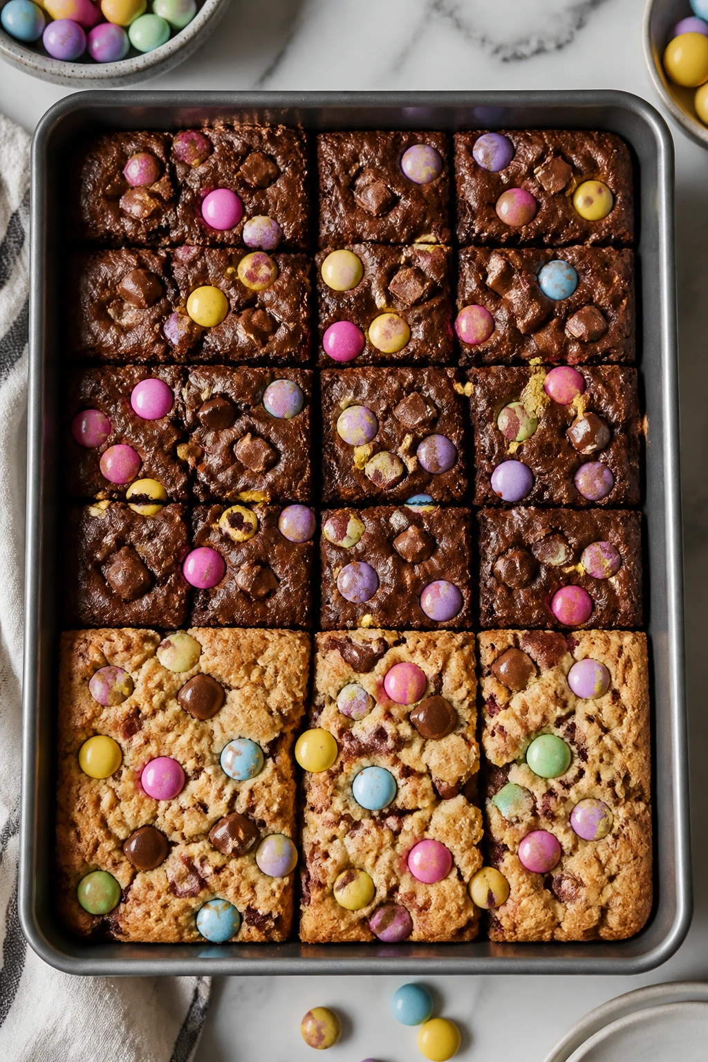 Pan of brownies and cookie bars with integrated candy pieces