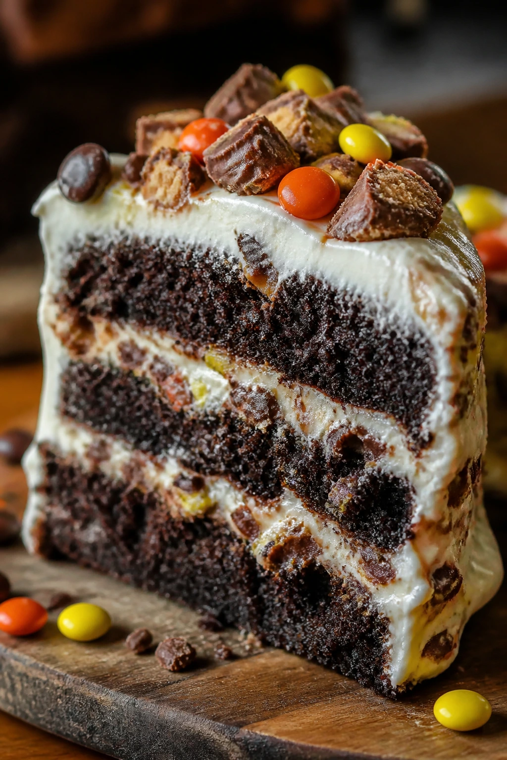Close-up of a candy cake slice showing dark crumb and creamy frosting with candy pieces