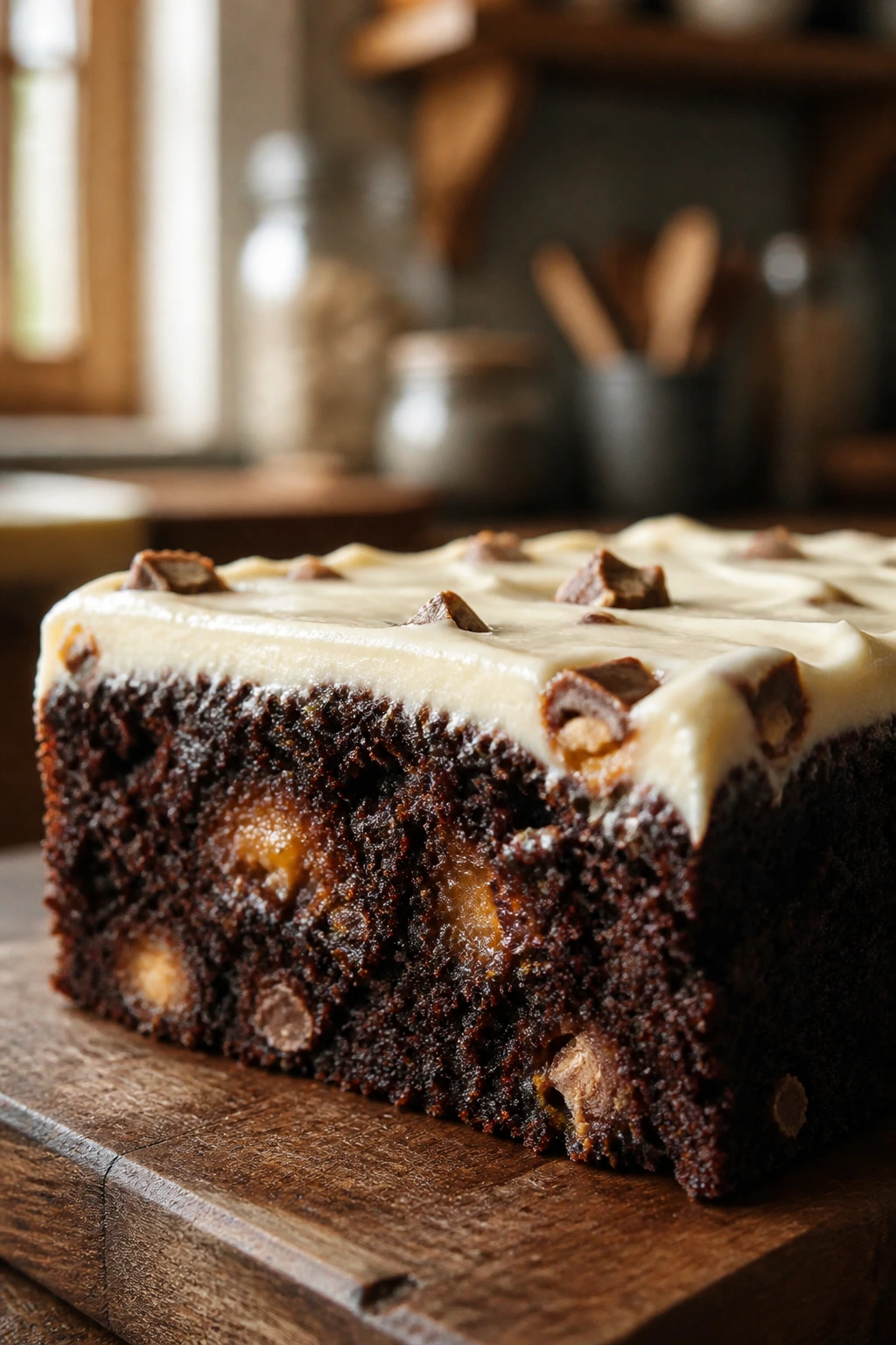 Close-up of a thick candy-studded chocolate cake slice on a wooden board in a warm kitchen