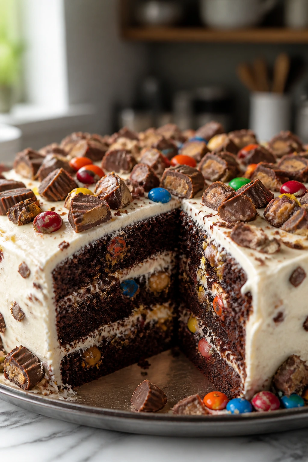 Close-up of candy-studded chocolate cake with cream cheese frosting on kitchen counter