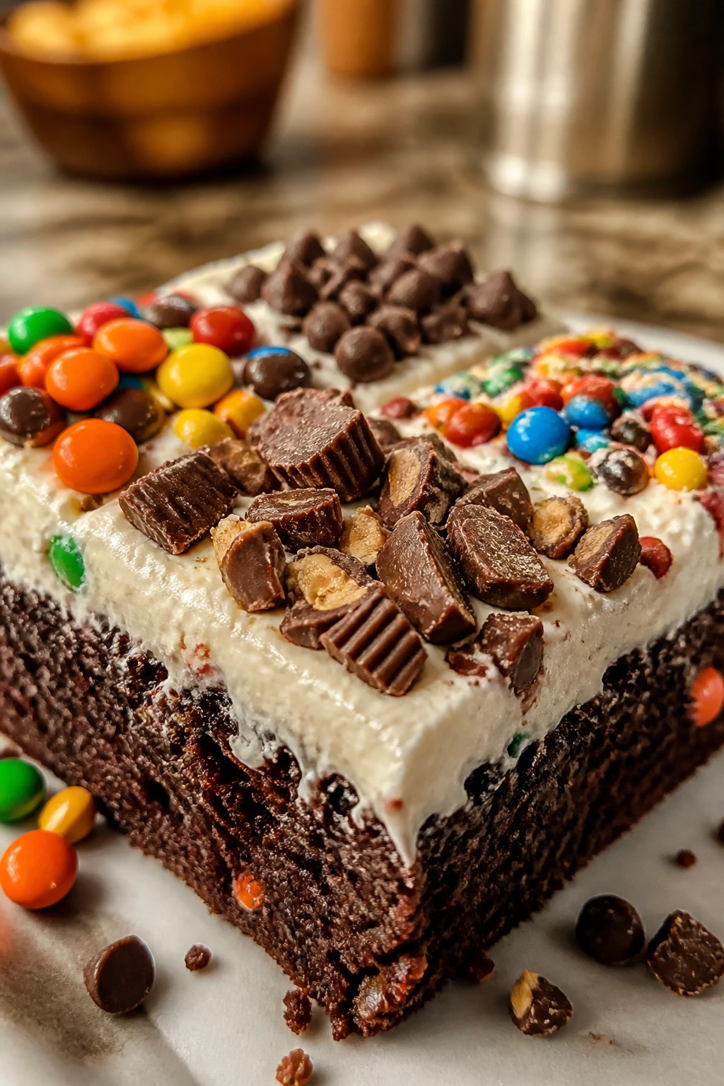 Cake slice with assorted candy toppings on top