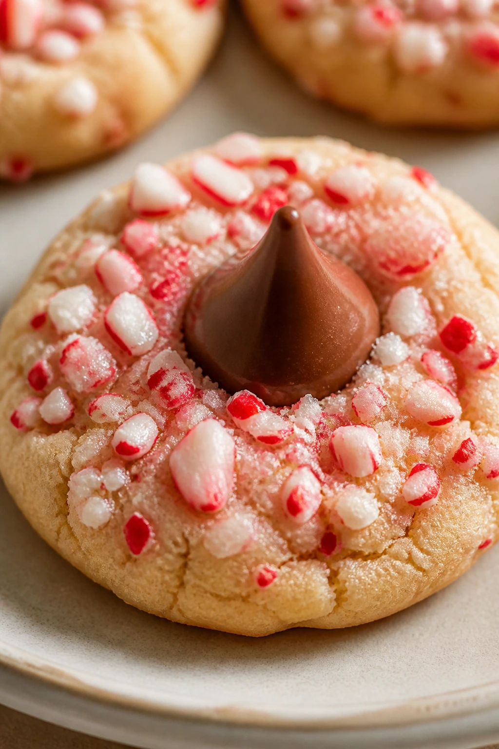 Candy cane kiss cookie with peppermint finish