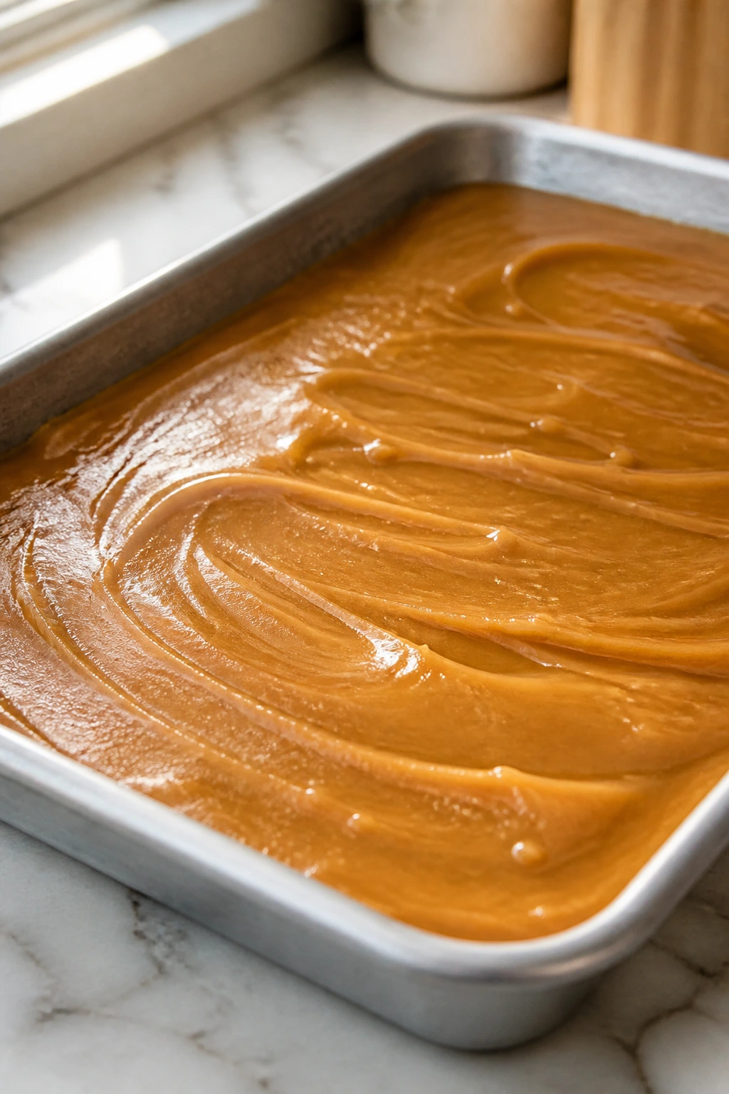 Glossy candy base cooling in a pan on a kitchen counter