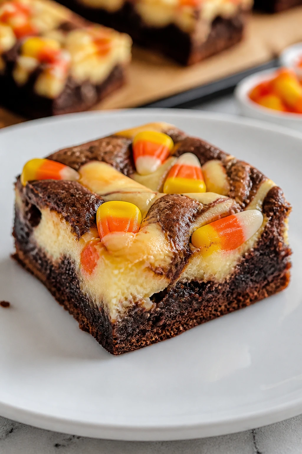 Close-up of a brownie with cheesecake swirl and candy corn topping on a plate