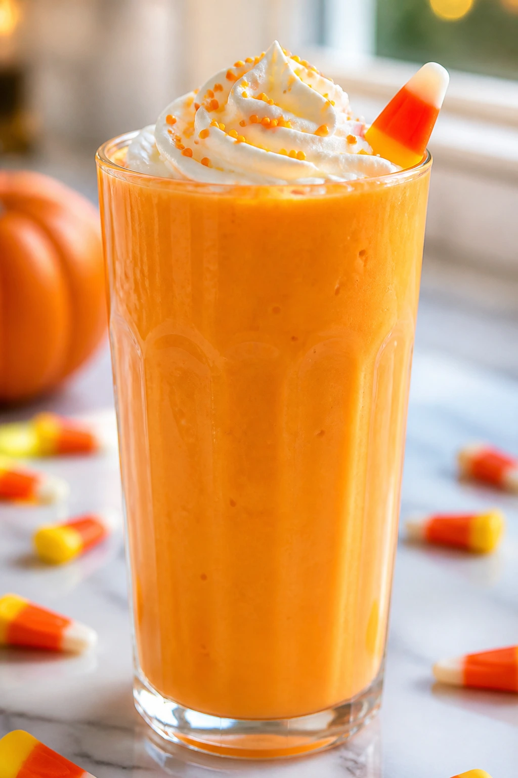 Bright orange creamsicle smoothie in a glass with whipped cream on top