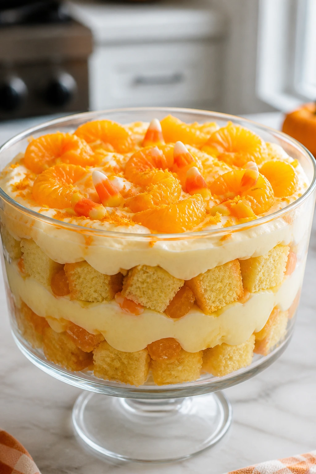 Candy corn-themed vanilla trifle in glass bowl