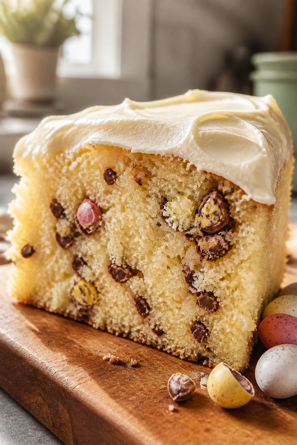 Thick slice of vanilla cake with mini candy eggs and cream cheese frosting