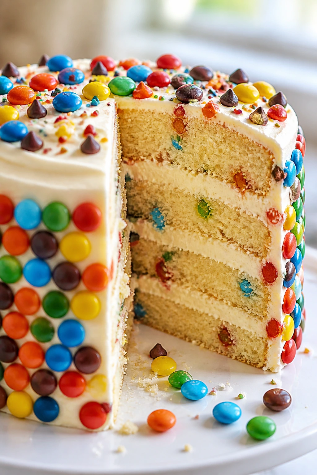 Close-up of a vanilla cake with candy decorations in a bright kitchen