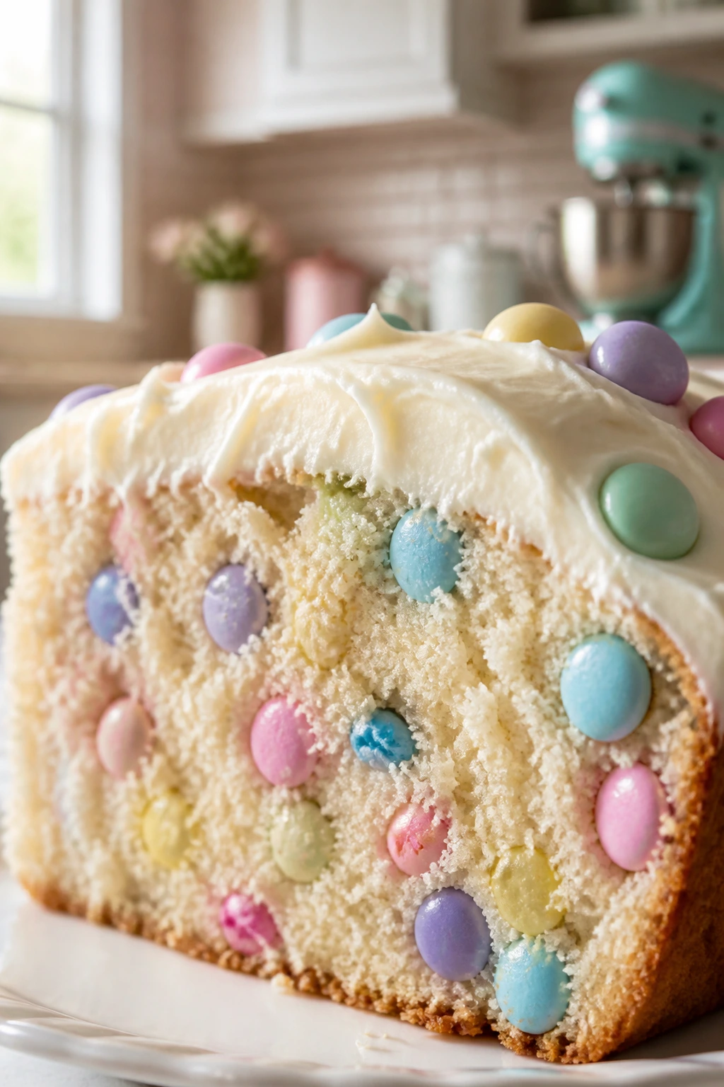 Cake slice with candy pieces and cream cheese frosting