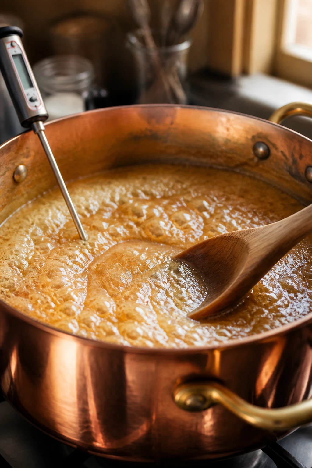 Copper pot with bubbling sugar mixture on stove