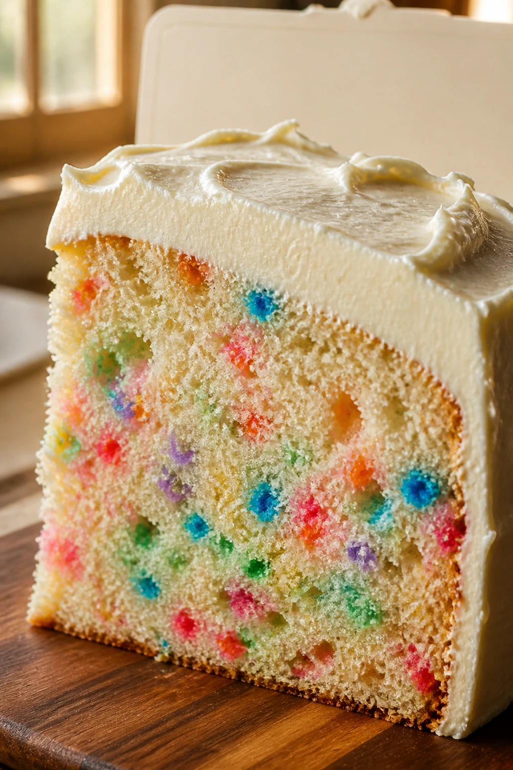 Close-up of candy pop cake slice with cream cheese frosting on a wooden surface with soft, unobtrusive background