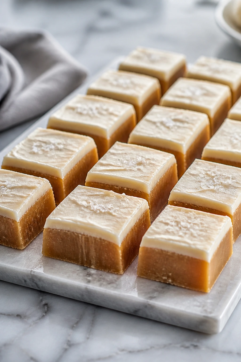 Close-up of candy squares neatly arranged on a chilled platter.