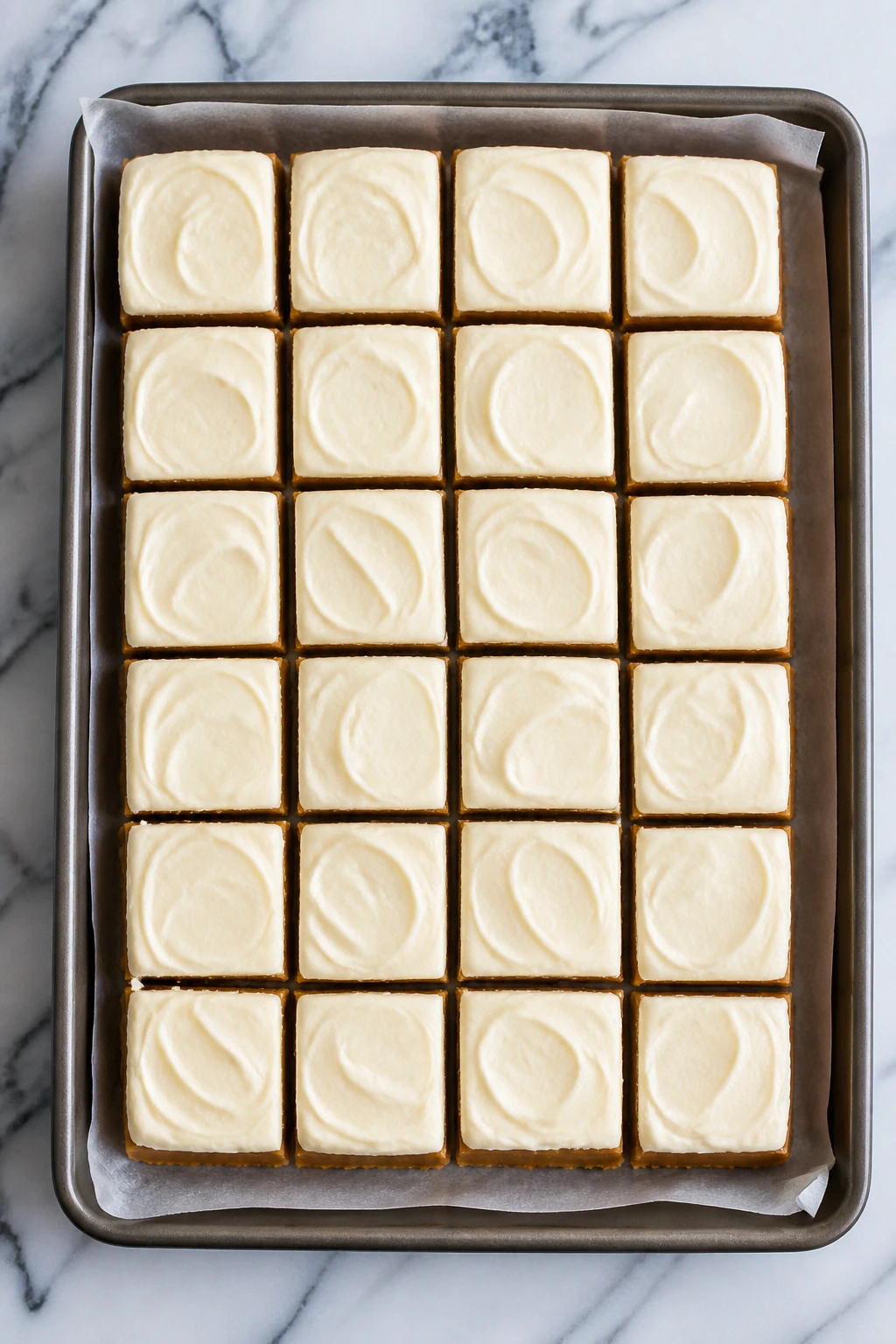 Tray of 24 neatly cut candy squares cooling on parchment