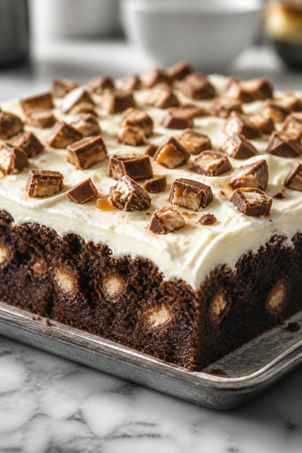 Close-up of candy-stuffed chocolate cake with cream cheese frosting on kitchen counter