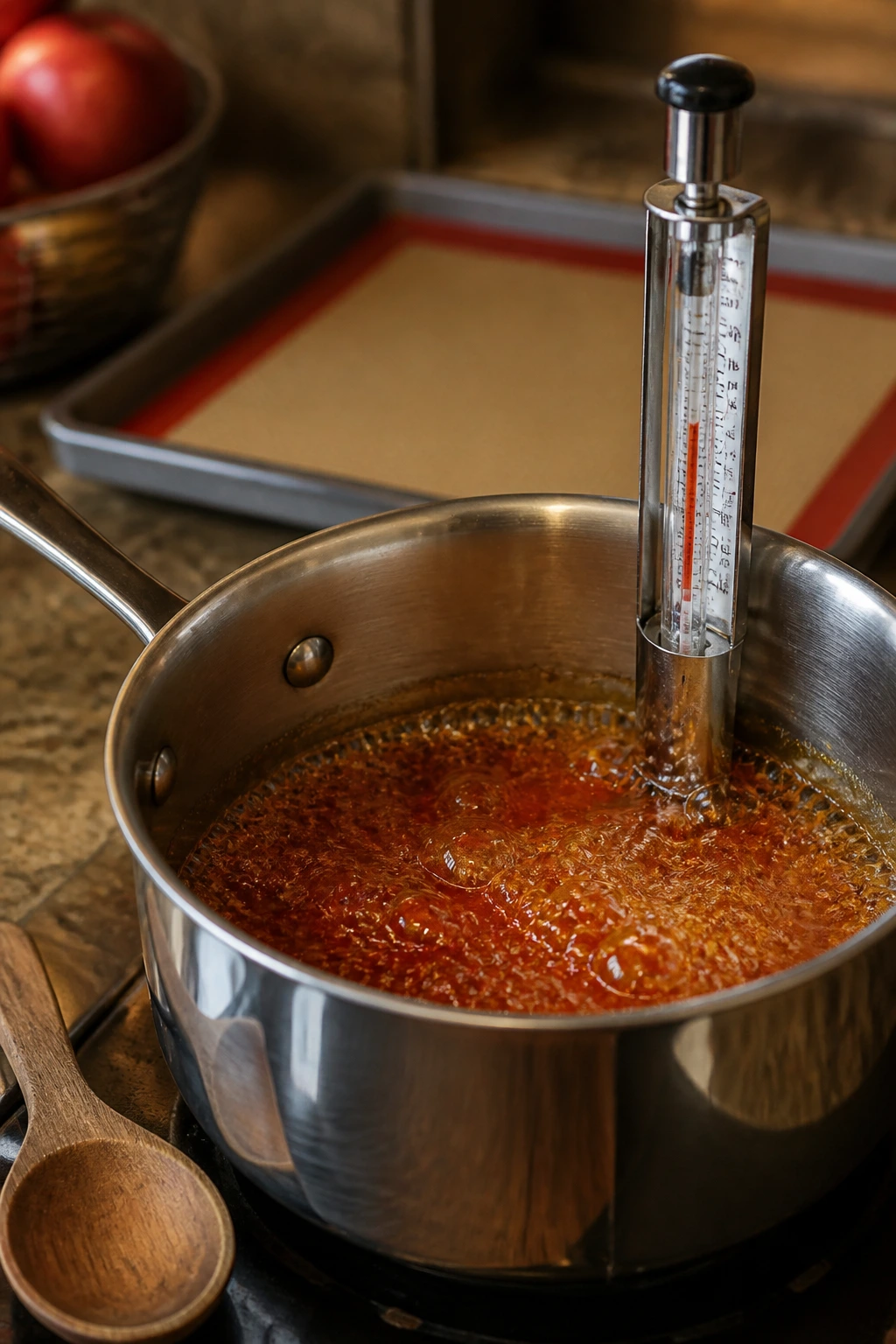 Close-up of candy thermometer and saucepan used in candy apple making