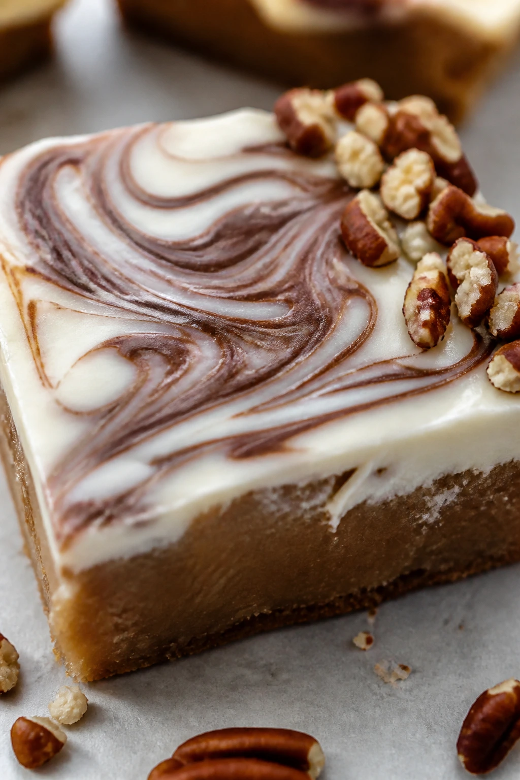 Candy square with cocoa marble top and pecans.