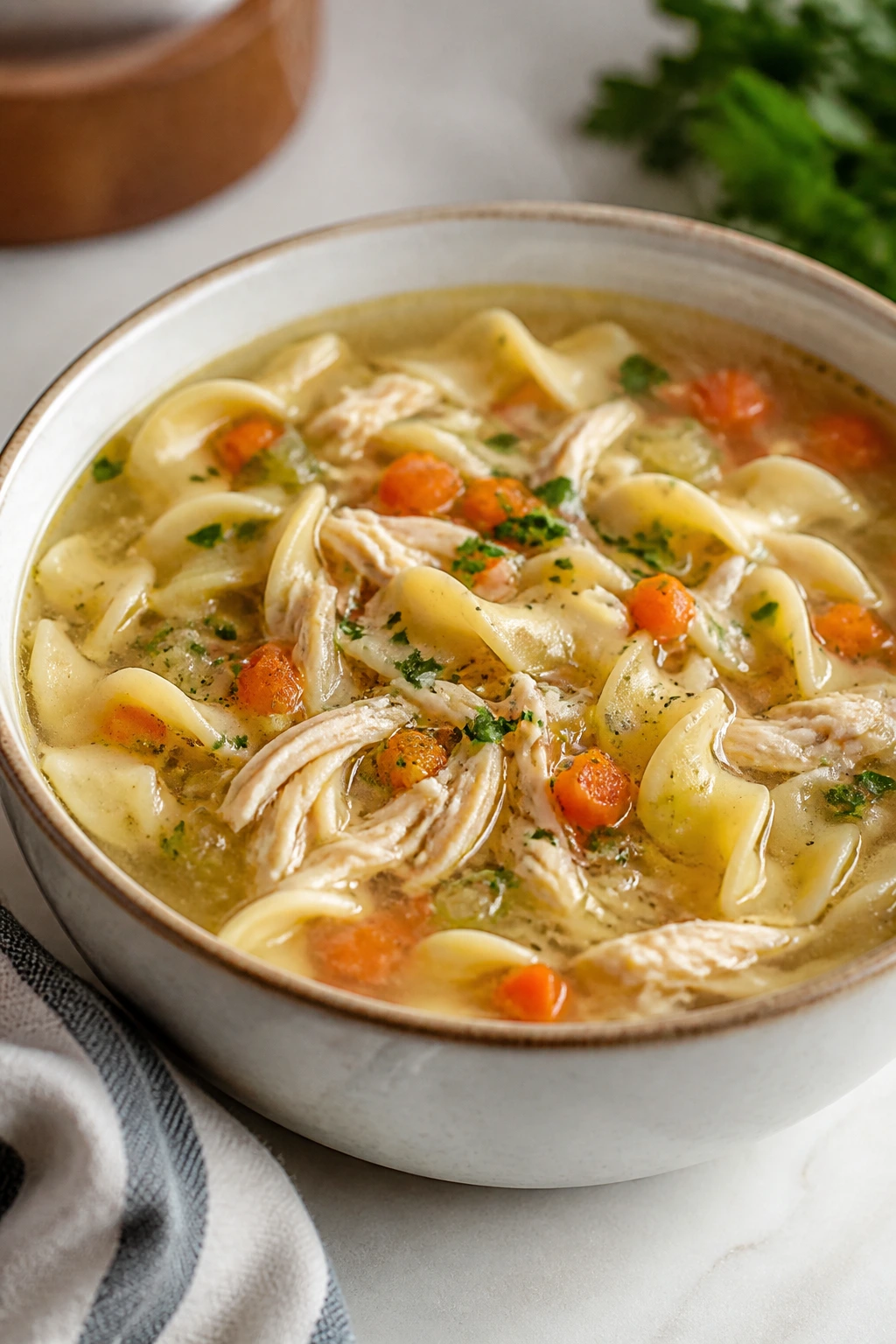 Steaming bowl of chicken noodle soup with canned chicken