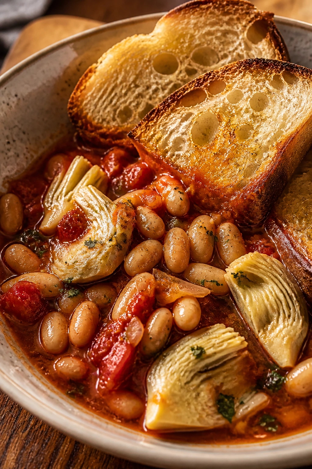 Artichoke cannellini bowl with toasted sourdough soaking juices