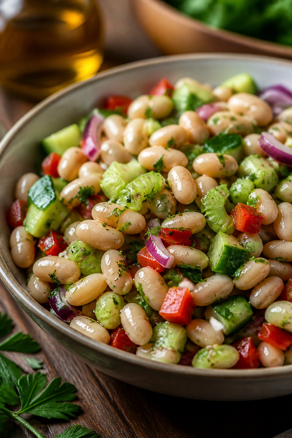 Close-up of white bean salad highlighting beans and crunchy vegetables.