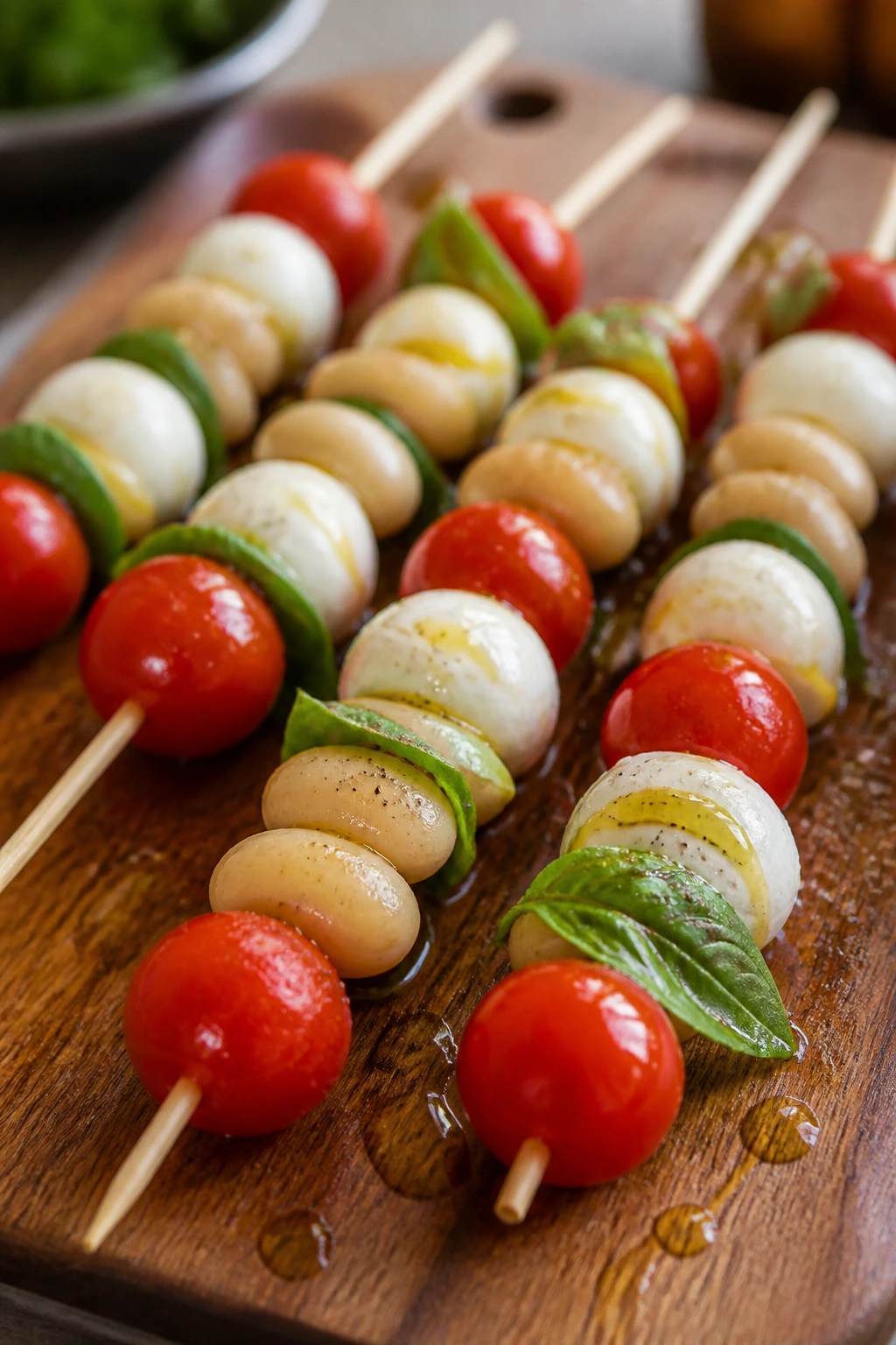 Cannellini bean caprese skewers with beans tomatoes mozzarella basil on wood.