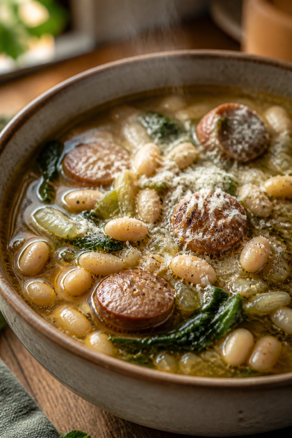 Close-up of Cannellini Sausage Escarole Soup in a rustic bowl with cannellini beans, sausage, and escarole