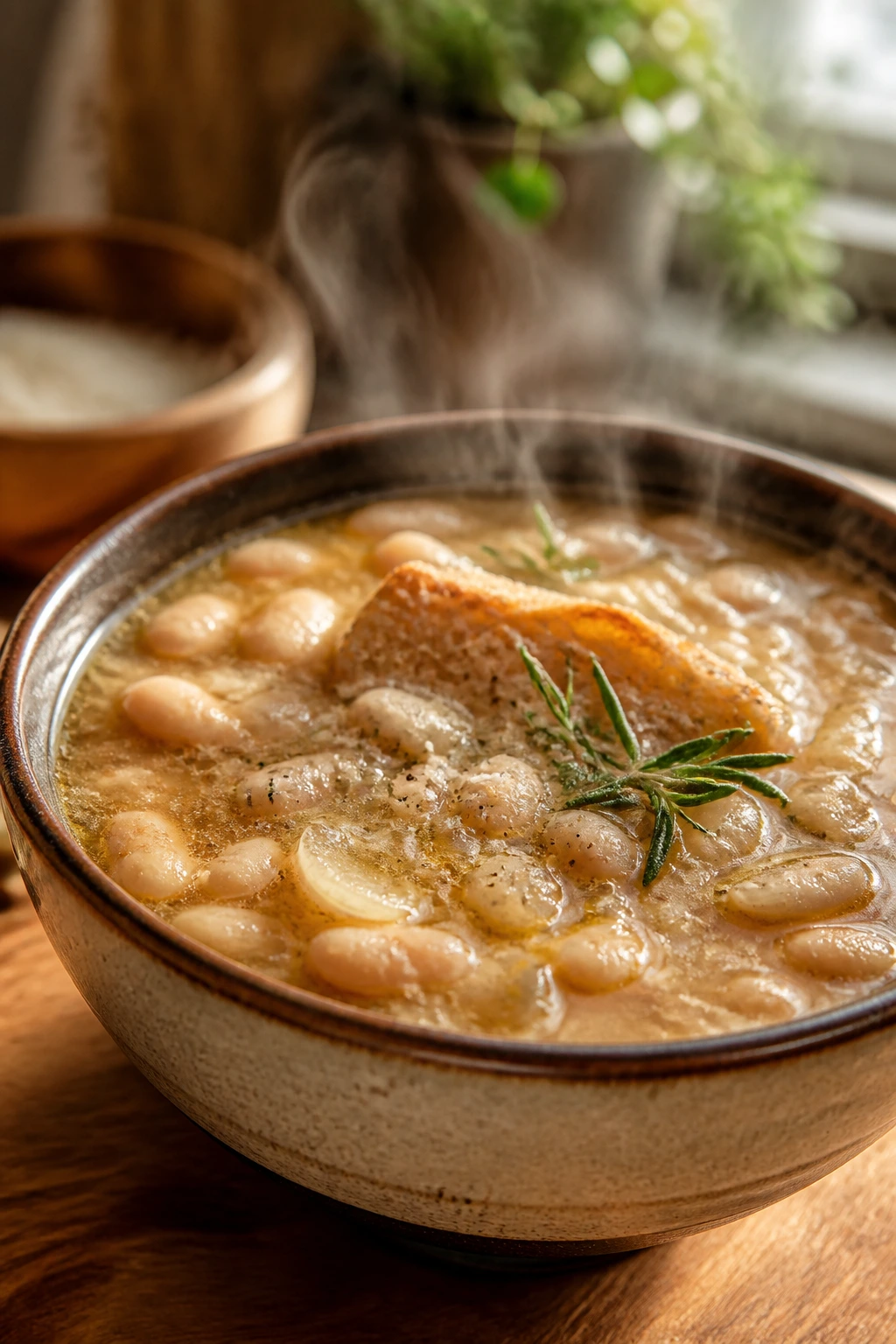 Steaming cannellini bean soup in a cozy kitchen