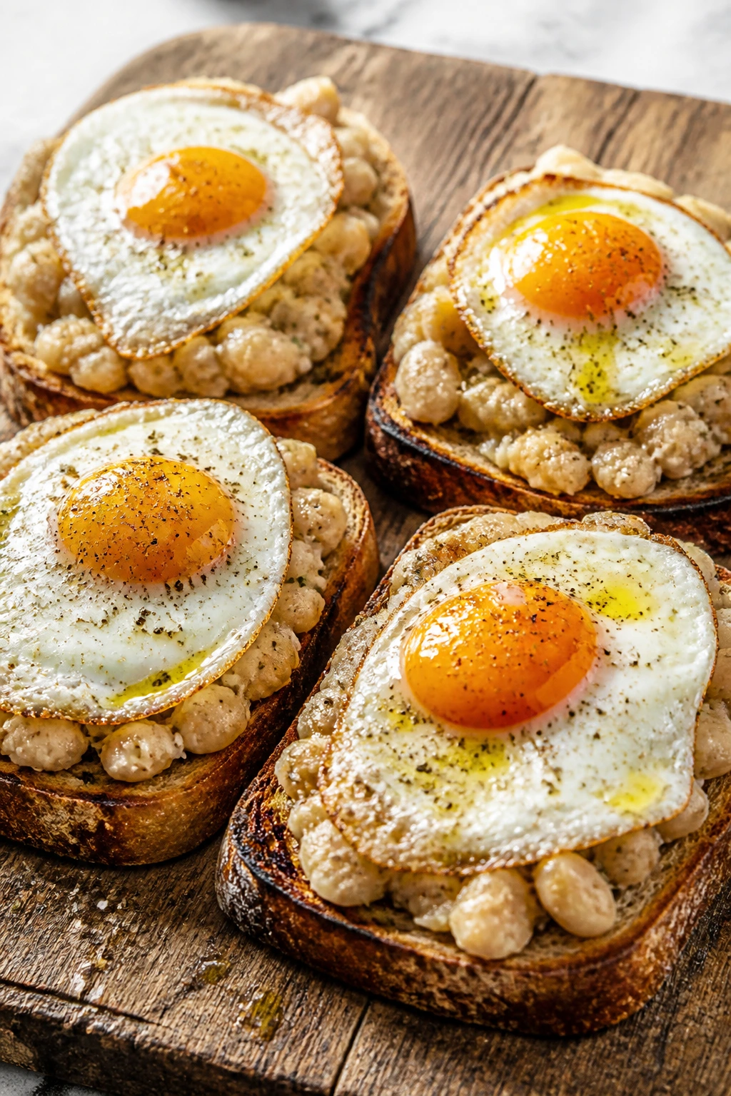 Toasts with cannellini bean smash and fried egg
