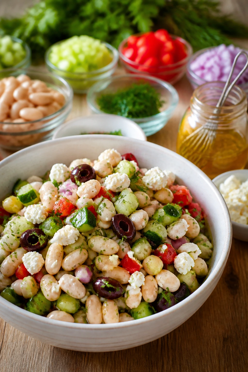 White bean salad with cucumber, celery, pepper, onion, herbs, and olives in a bowl.