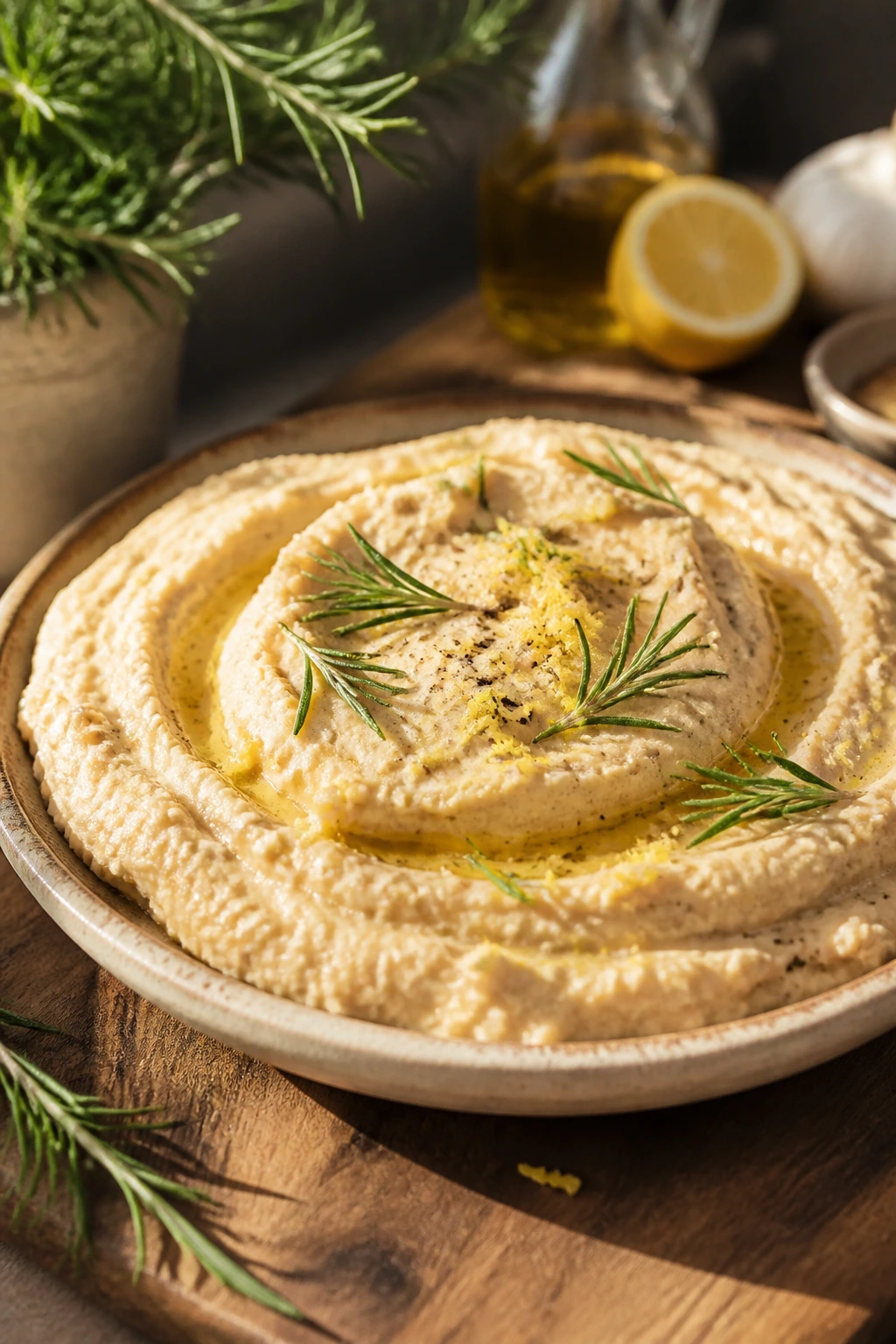 Creamy cannellini bean dip with rosemary on a rustic plate