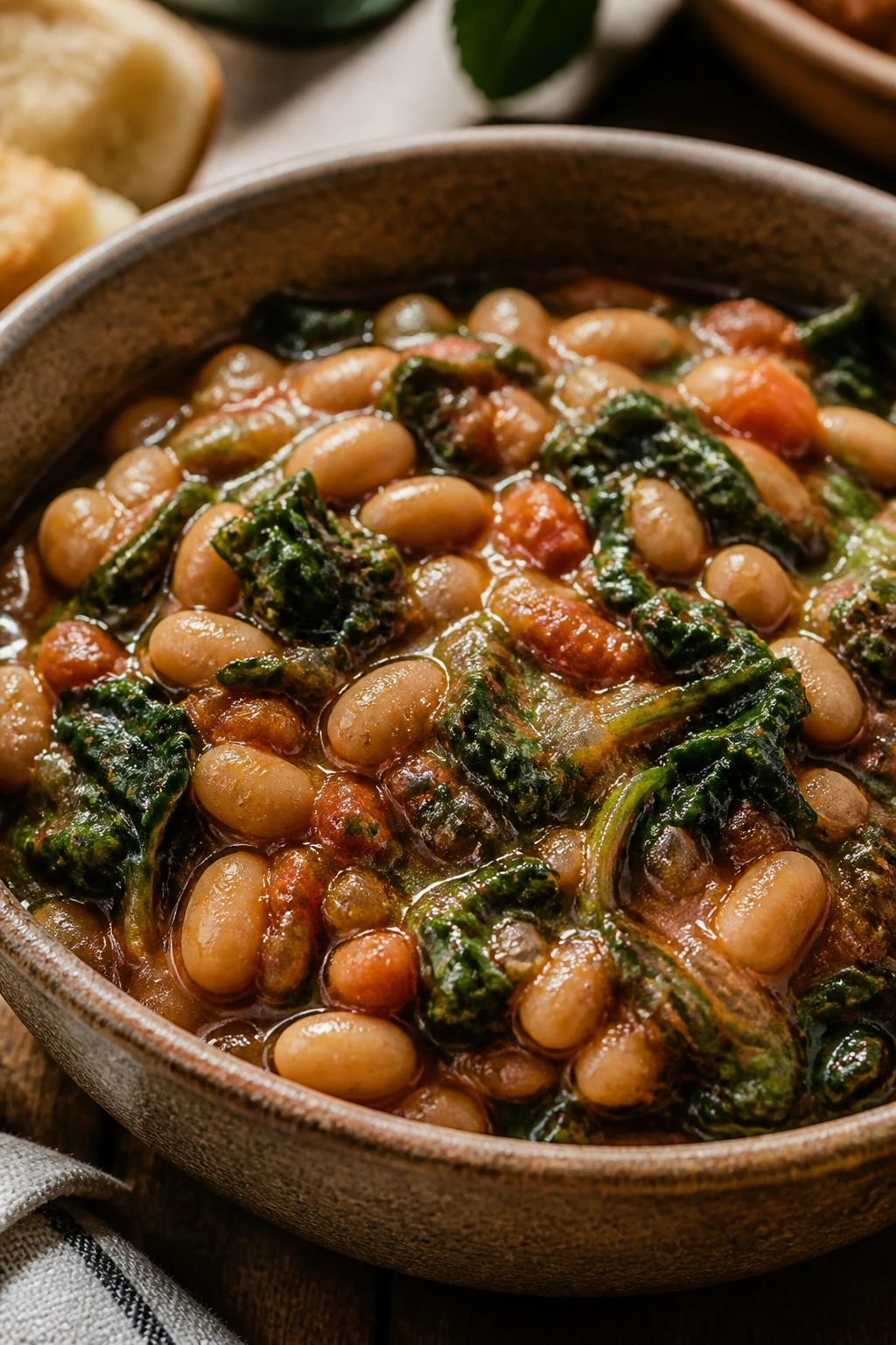 Close-up of cannellini beans with greens in a rustic dish