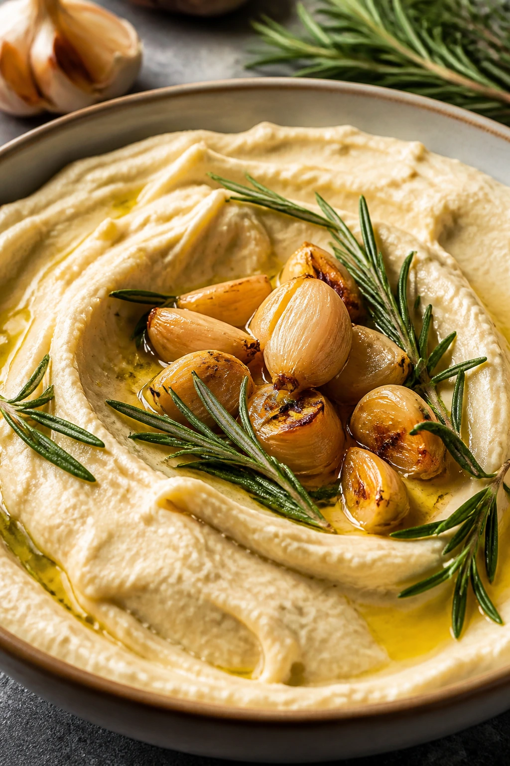 Cannellini hummus with roasted garlic and rosemary in a bowl