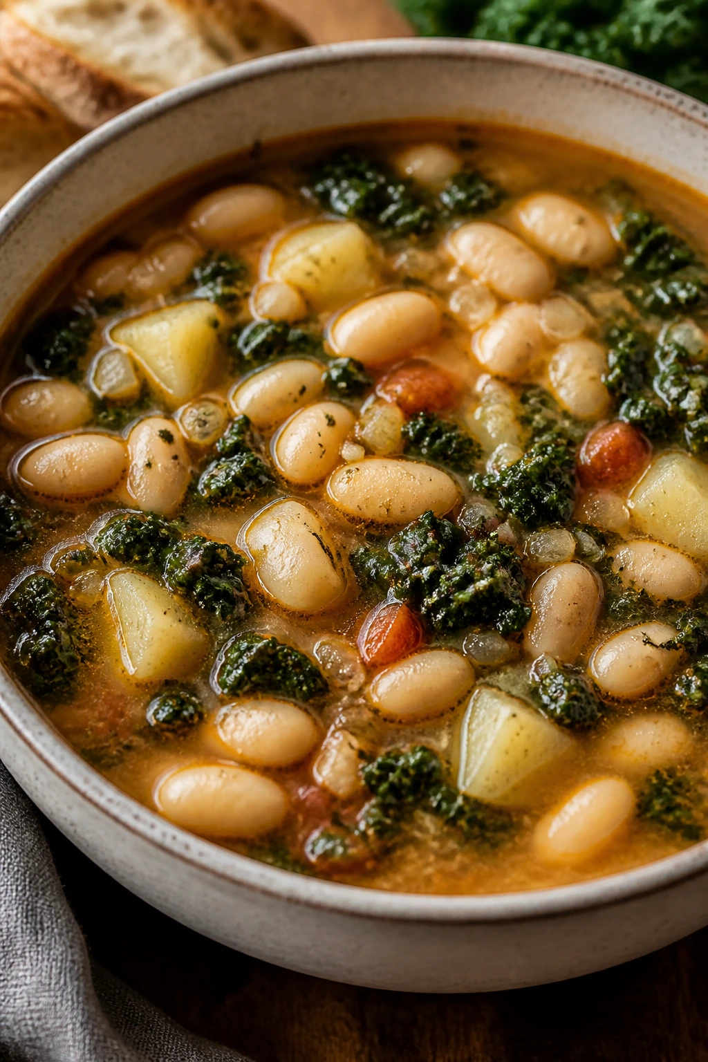 Close-up of Tuscan white bean kale soup in a bowl