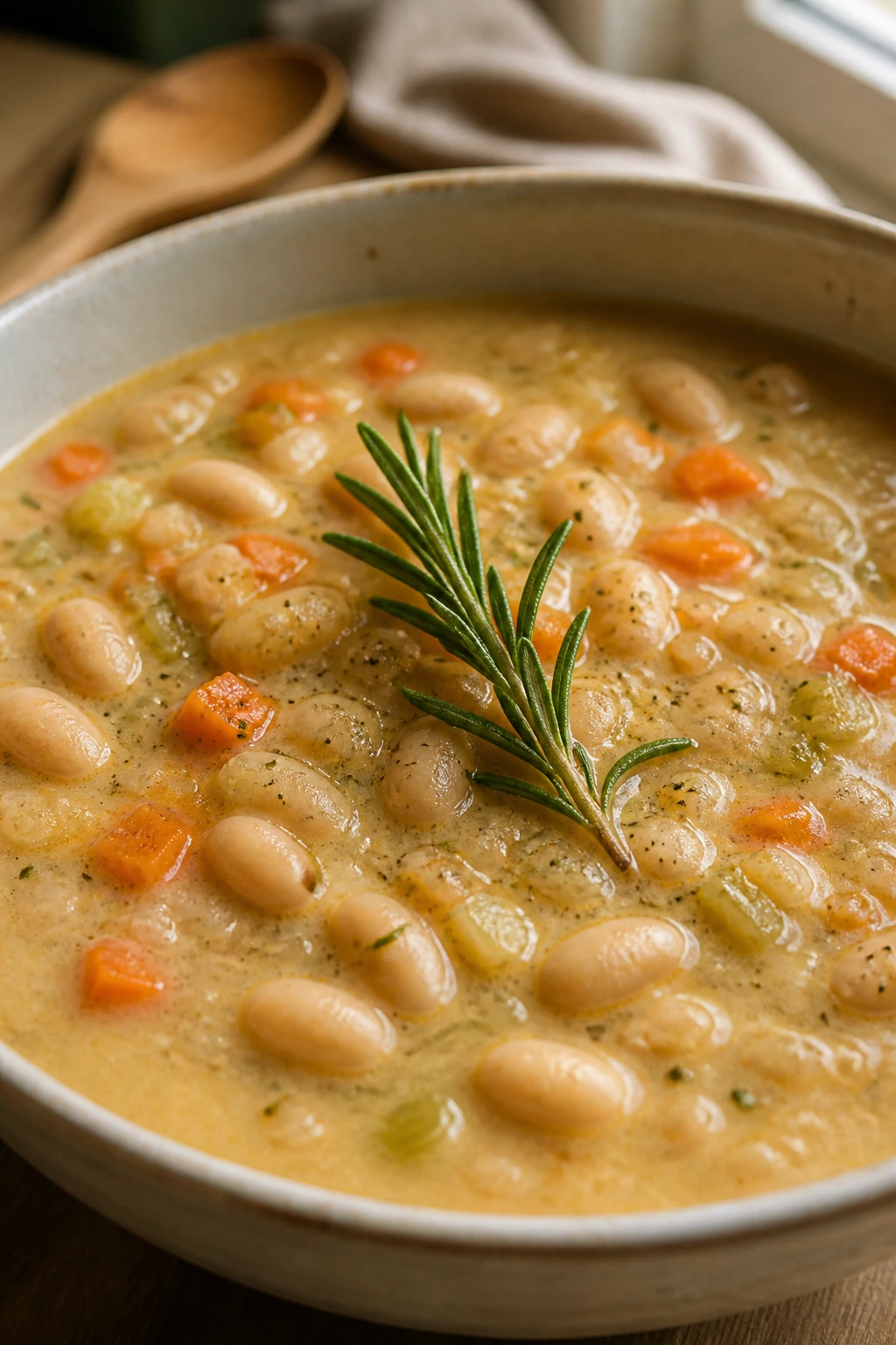 Steaming bowl of rosemary cannellini soup with a rosemary sprig.