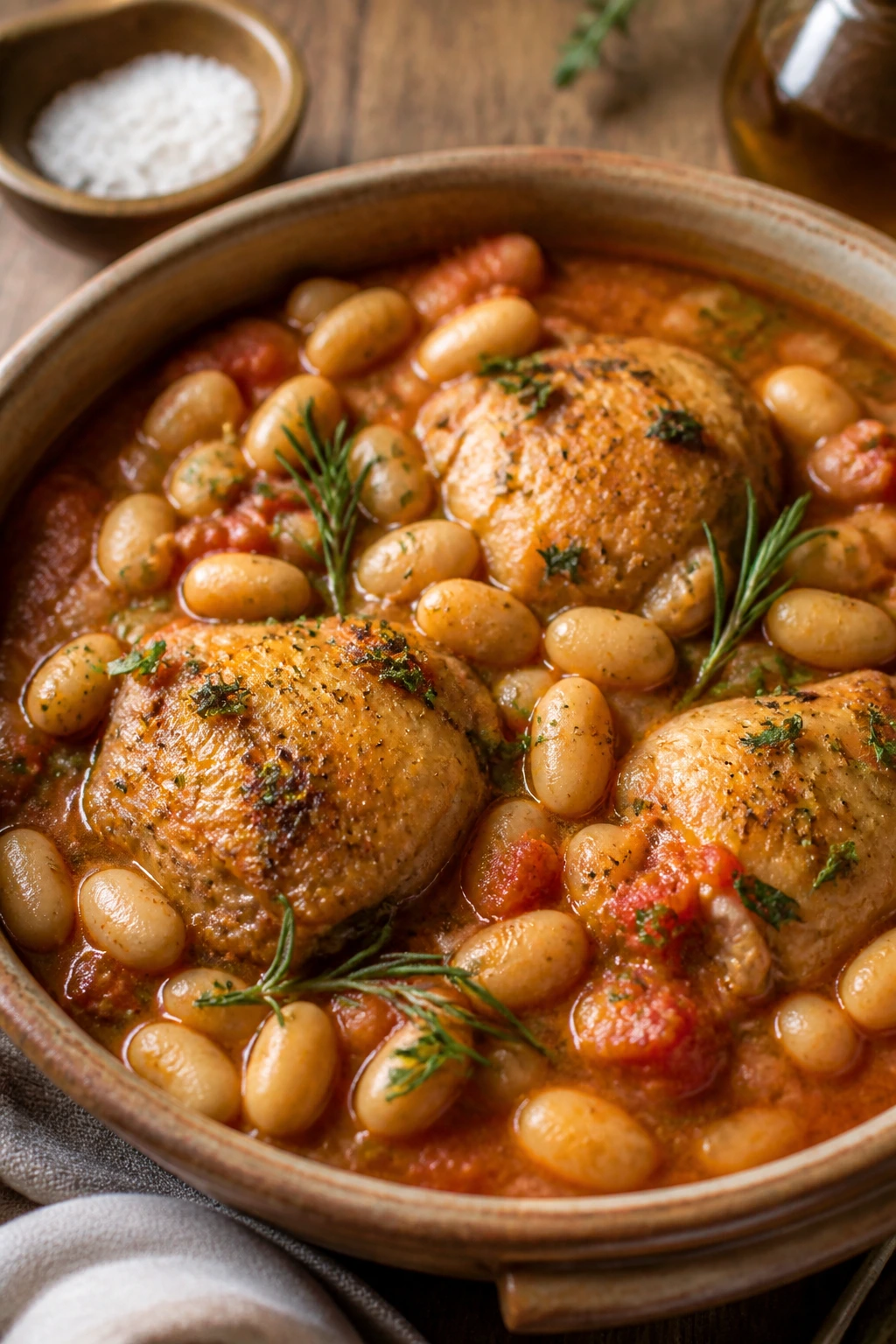 Rustic chicken and cannellini bean stew in a bowl