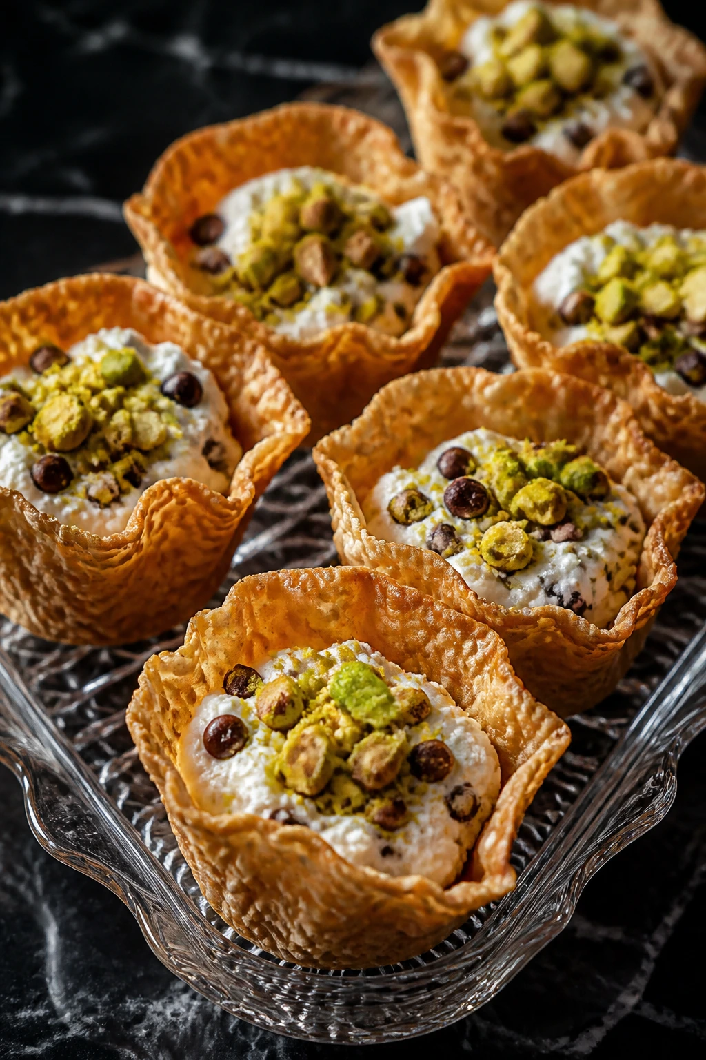 Mini cannoli cups with pistachio topping on glass tray